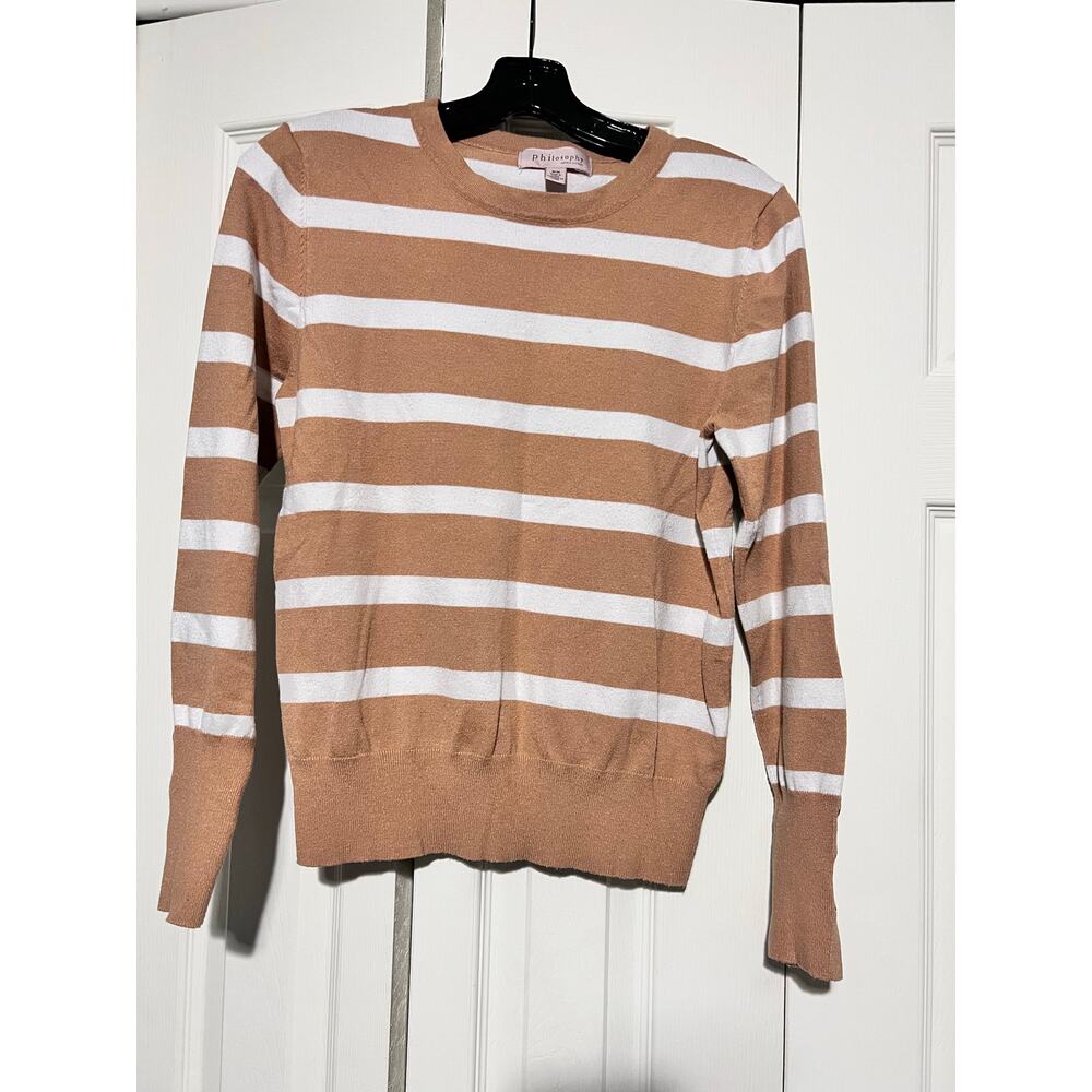 Philosophy Womens M Striped Sweater Tan White Lightweight Knit EUC